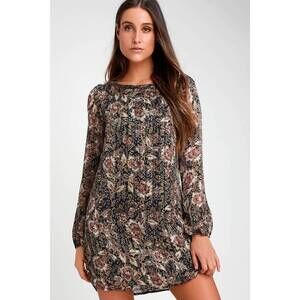 Lulus Ashford Black Floral Print Long Sleeve Shift Dress - Size S